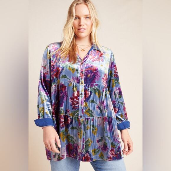 Anthropologie Maeve | Reverie Tiered Velvet Floral Tunic Bloomcore Boho Blue XS - Picture 1 of 13